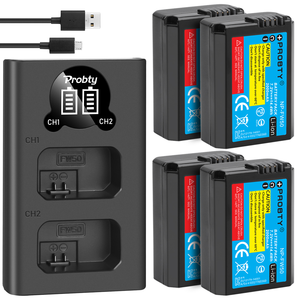2000 mah np  fw50 np-fw50 batteri akku + ledet usb dobbelt oplader til sony nex -7 nex -5n nex -5r alpha  a5000 a6000 dsc -rx10 a7ii a7s: 4 batterier med oplader