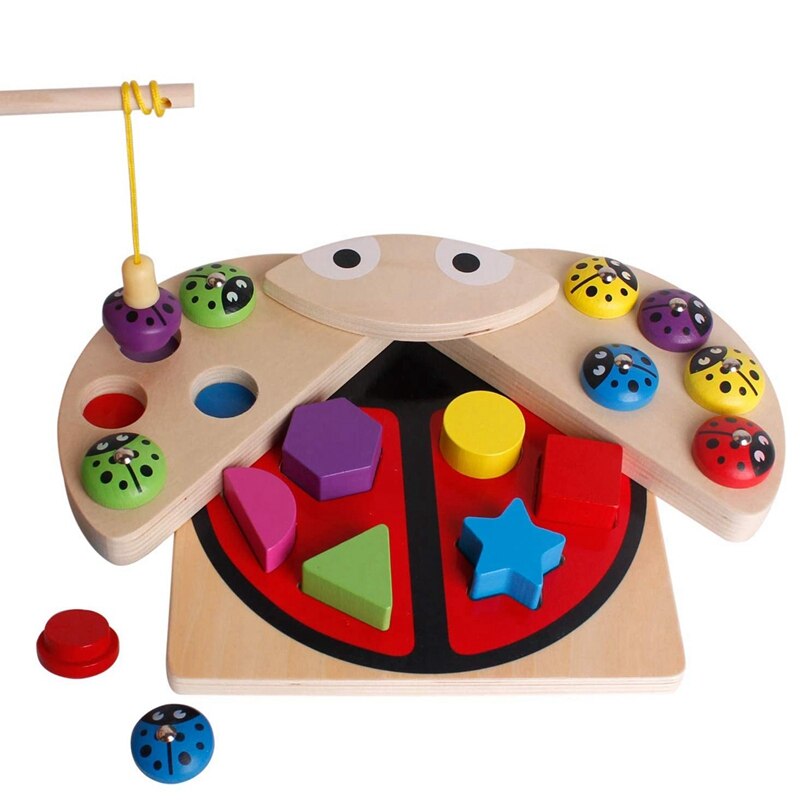 Jeu de pêche numérique magnétique en bois pour enfants ; amusant jeu de pêche aux insectes, jouet amusant, petits poissons, blocs de construction