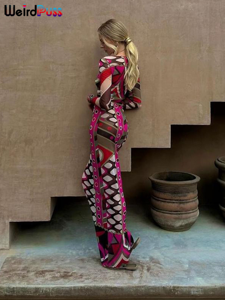Chatte bizarre voir à travers la robe femmes imprimé coloré minuit Coquette Hipster superbe Club fête Maxi moulante Clubwear