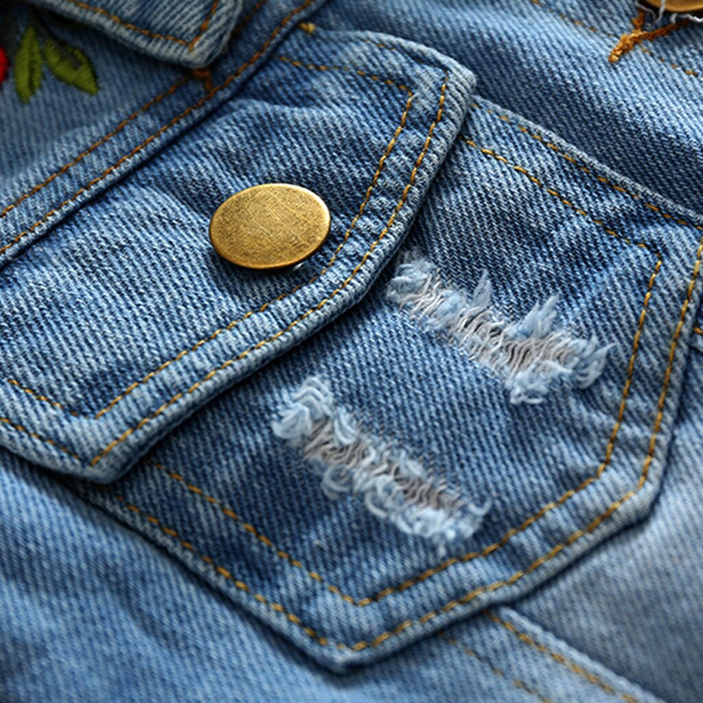 Toddler Baby Girl Long Sleeve Rose Coats Embroidery Windproof Hole Denim Coat Outwear Turn-down Collar Button Coat Пальто