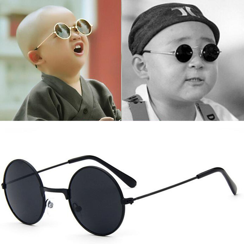 Metall svarta runda barnsolglasögon märke liten flicka/pojke baby barn glasögon glasögon oculos  uv400 små ansiktskostym för 2 ~ 6 ålder