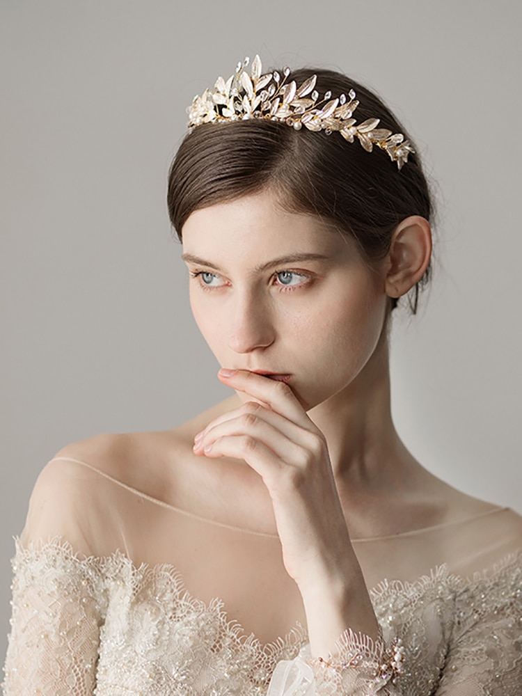 Vintage Aristocratische Gold Strass Parel Kristal Bladeren Noble Vrouwen Bruid Kroon Bruiloft Hoofdband Haaraccessoires