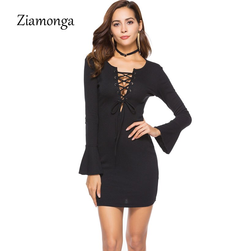 Ziamonga Lace Up Gebreide Trui Vrouwen Jurk Skinny Pull Knit Bodycon Winter Jurk Herfst Jumper Vintage Trui: Black / M