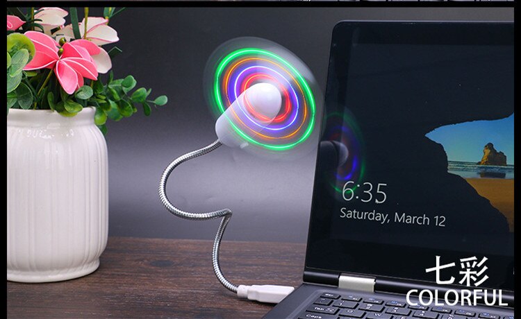 1PC USB Gadget Mini Fan Flexible LED Light USB Fan Time Clock Cool Gadget Time Display Flexible LED Mini Power USB Fan: colorful