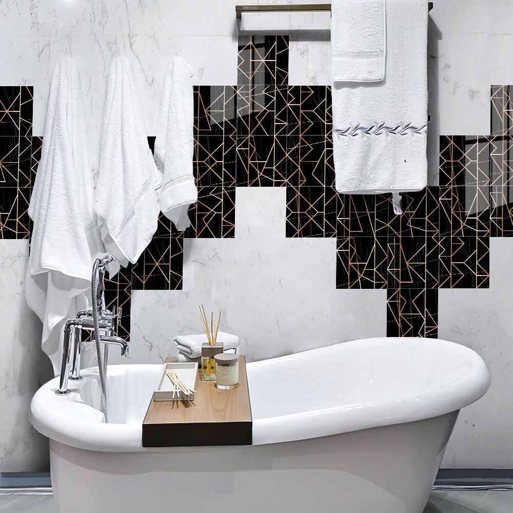 Artistic gold line black tile stickers Stair wall adhesive-free self-adhesive wallpaper Bathroom moisture-proof stickers