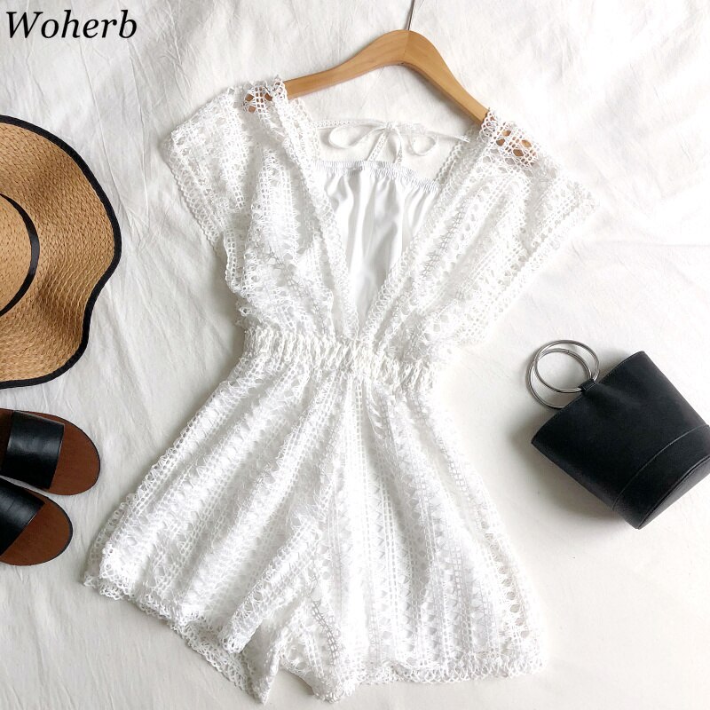 Woherb dam sommar playsuits ihåliga v-ringade spets jumpsuits med breda ben med hög midja kort jumpsuit strand lösa byxor