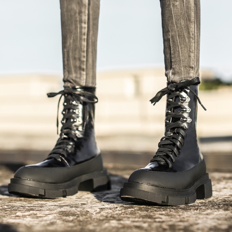 Hokszvy dameslaarzen laarzen plateauschoenen hoge schoenen dikke hak halfhoge veter enkellaarsjes jxq -108-1: 36