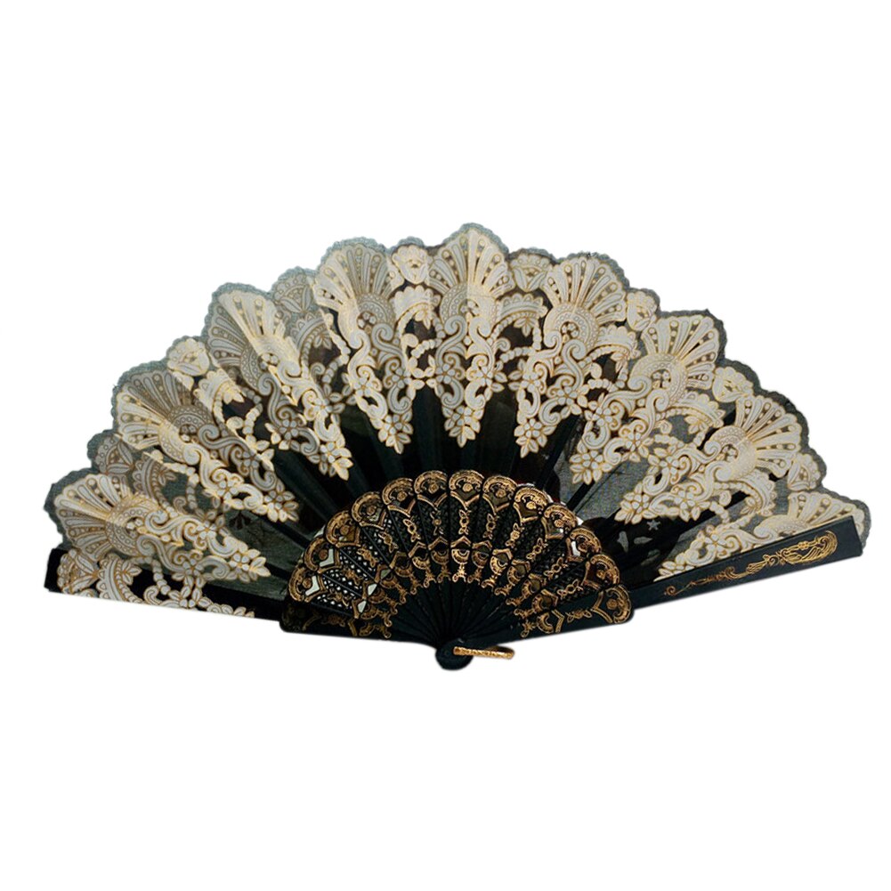 Spanish Style Dance Party Fan Wedding Silk Lace Fan Folding Held Flower Fan Lady Wedding Folding Hand Fan: Black