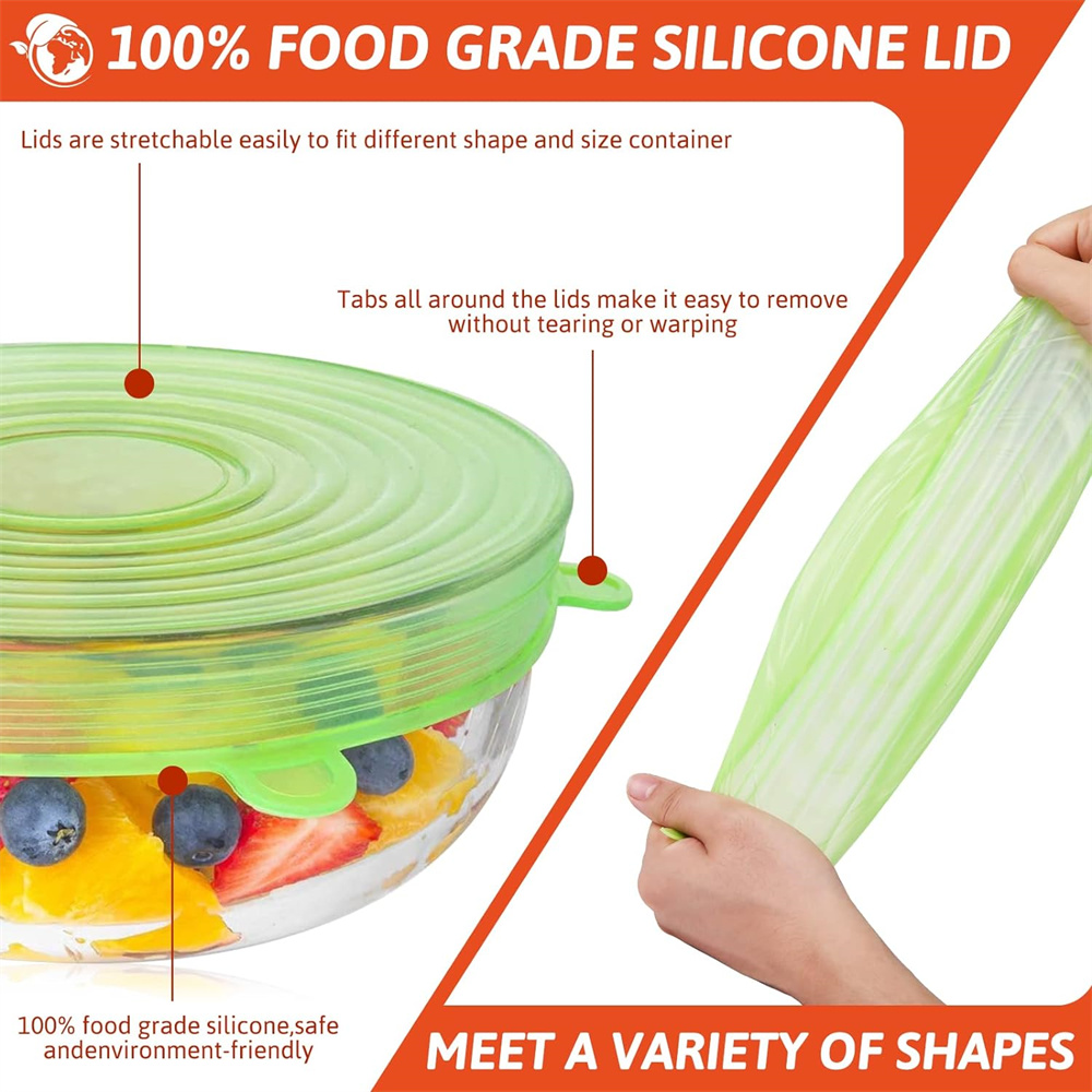 Cubierta de conservación de silicona de grado alimenticio, tapas redondas elásticas universales para platos, reutilizables, herméticas, para accesorios de cocina, 6 uds.
