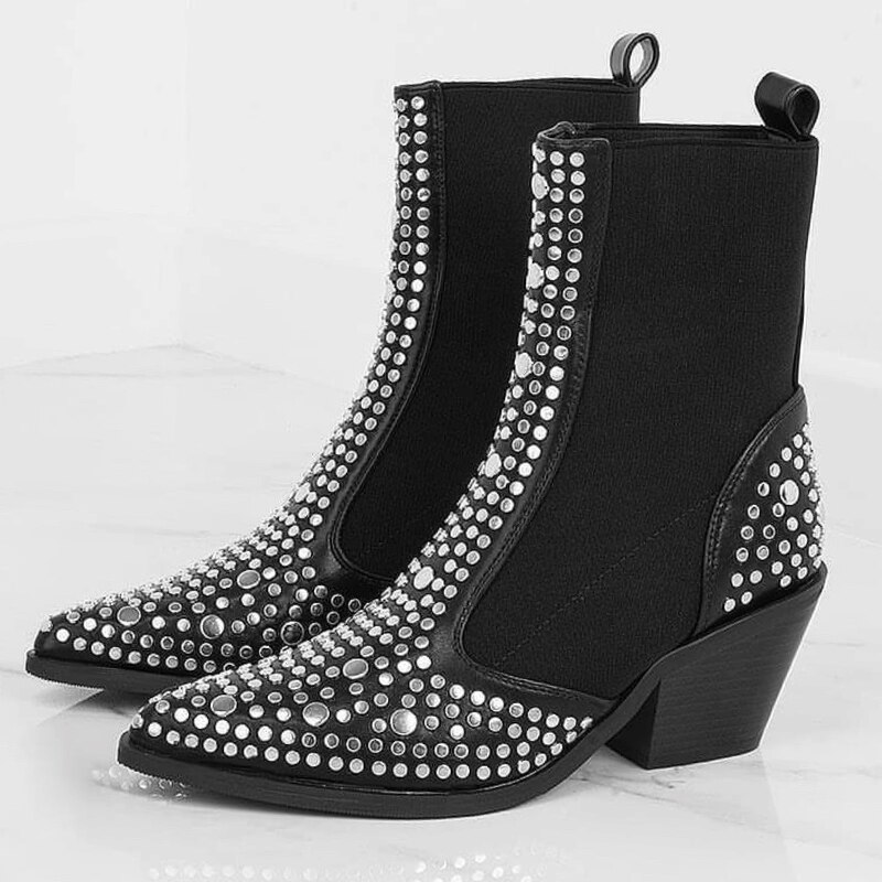 Botines de mujer con remaches cuadrados de estilo británico, botas de decoración estilo vaquero occidental con punta puntiaguda, tachuelas para Otoño e Invierno