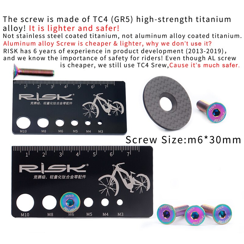 Risk-Tapa superior de potencia de carbono para bicicleta, 28,6, 31,8mm, auricular para tapa superior de bicicleta de montaña, tornillo de titanio, M6x30mm, RA112