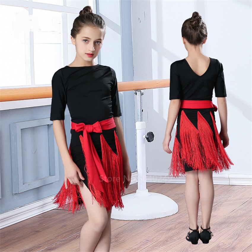 Latinsk dansekjole pige kvast nederdel latinsk salsa børn balsal kjoler halværmet frynser samba karneval kostumer tango børn