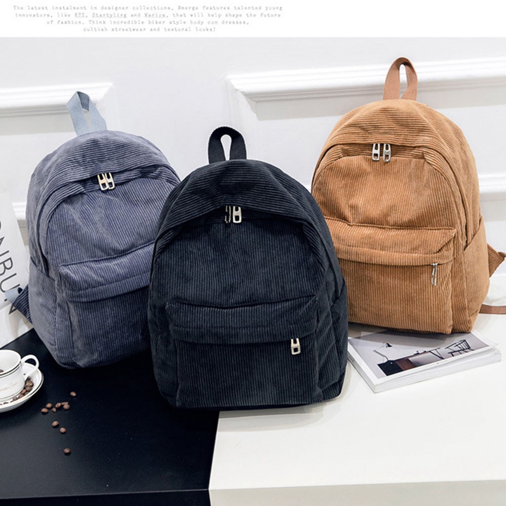 Women Backpack Preppy Style School Bags Soft Fabric Travel Backpack Corduroy Bookbag for Teenage Girls Striped Small Backpack