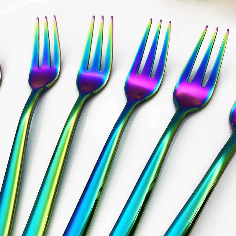 Rainbow Fork Dessert Cake Fruit Forks Three Tines Long Handle Tea Fork set Kitchen Cutlery Stainless steel Dinnerware Xmas