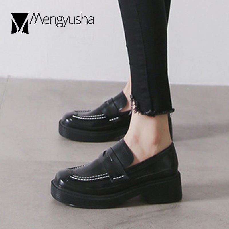 Creepers Loafers british retro square toe derby shoes women sewing flats slip on thick heels oxfords ladies small leather shoes