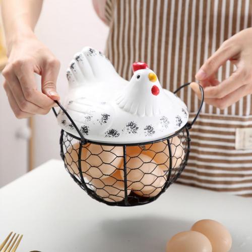 Ceramic Iron Egg Storage Basket Snack Fruit Basket Collection Ceramic Hen Ornaments Decor Kitchen Accessories: white