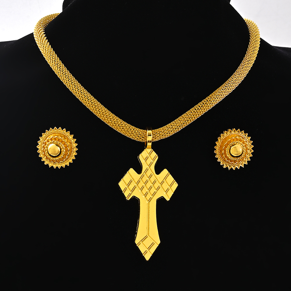 Saoedi-Arabië 24K Goud Kleur Ethiopië Vrouwen Sieraden Ketting Oorbel Afrikaanse Arabische Bruids Set Habesha Eritrea Party: Licht Geel Kleur