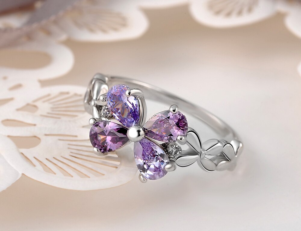 Lokaer roxo zircônia cúbica flor anéis de casamento jóias cristal austríaco na moda anéis para mulher anillos