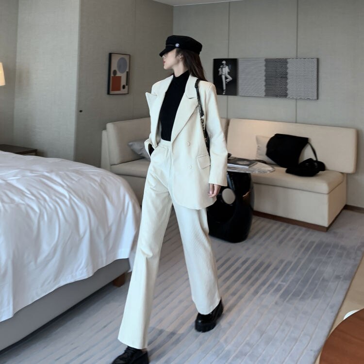 Bella filosofi våren damesett kordfløyel blazer ol jakke kvinne 2 deler doble kåper outwears underdeler: Hvite buksesett / S