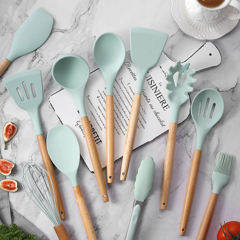Juego de Utensilios de Silicona para la Cocina, Instrumentos para Cocinar, Espátula y Pala Antiadherente, Accesorio con Mango de Madera, con Recipiente de Almacenamiento