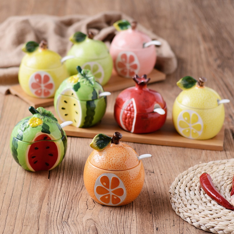 Cute Fruit Pomegranate Shape Condiment Bottle Ceramic Seasoning Bottle Jar with Cover Spoon Flavouring Container