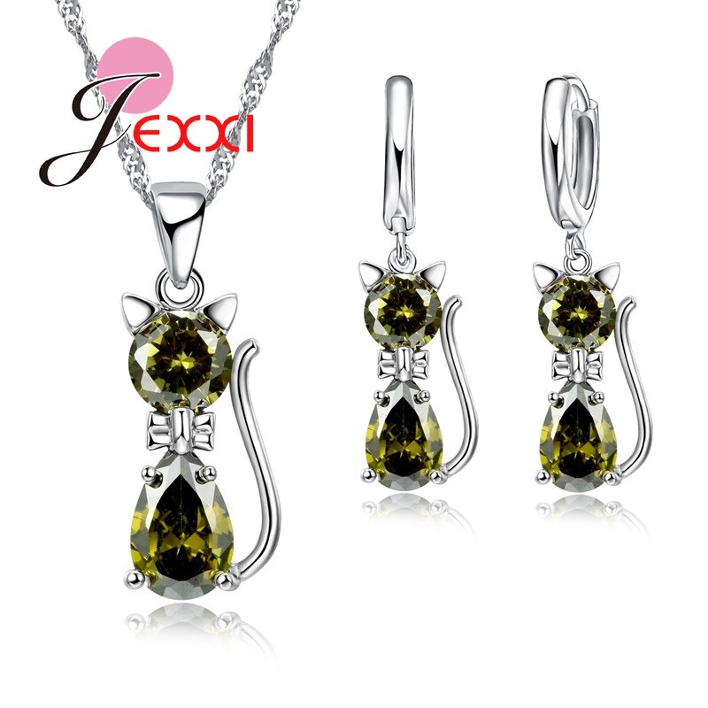 Mode 925 Sterling Zilveren Sieraden Sets Voor Vrouwen Laies Luxe Cz Rhinestone Dier Kat Charm Hanger Ketting Oorbellen: Green