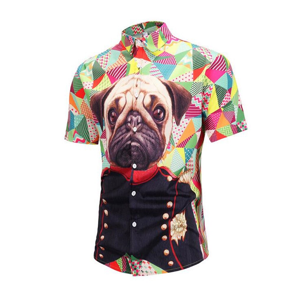 Mannen Pug Hond Korte Mouwen Print Shirt Plus Size Toevallige Stand Kraag Losse Overhemd Strand Overhemd Zomer