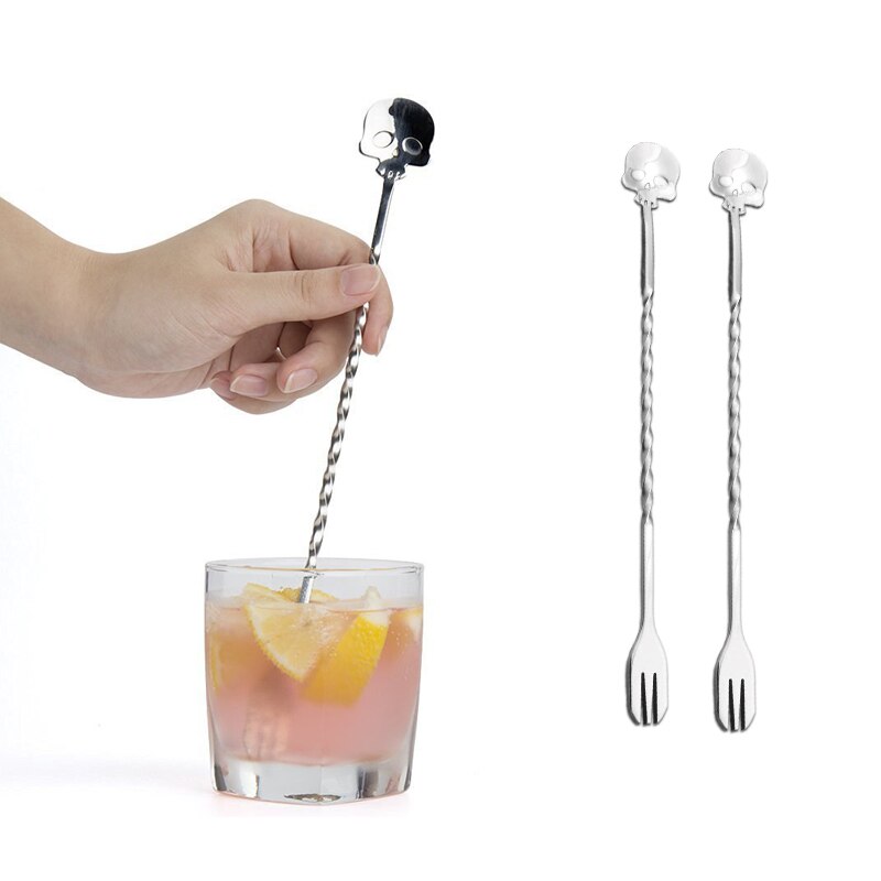 Stainless Steel Skull Bar Spoon Skeleton Shape Cocktail Mixing Spoon with Fork Cool Bar Tools Accessories