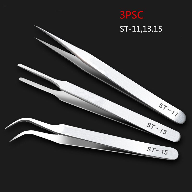 6Pcs Anti-static ESD Stainless Steel Tweezers Maintenance Tools Industrial Precision Curved Straight Tweezers Repair Tool Kit: 3PC-TS