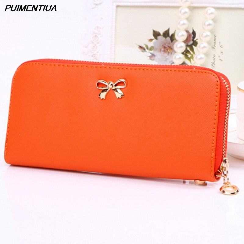 Puimentiua Kaarten Wallet Dames Leuke Strik Vrouwen Lange Portemonnee Pure Kleur Clutch Bag Pu Lederen Tas Telefoon Tas: ornage