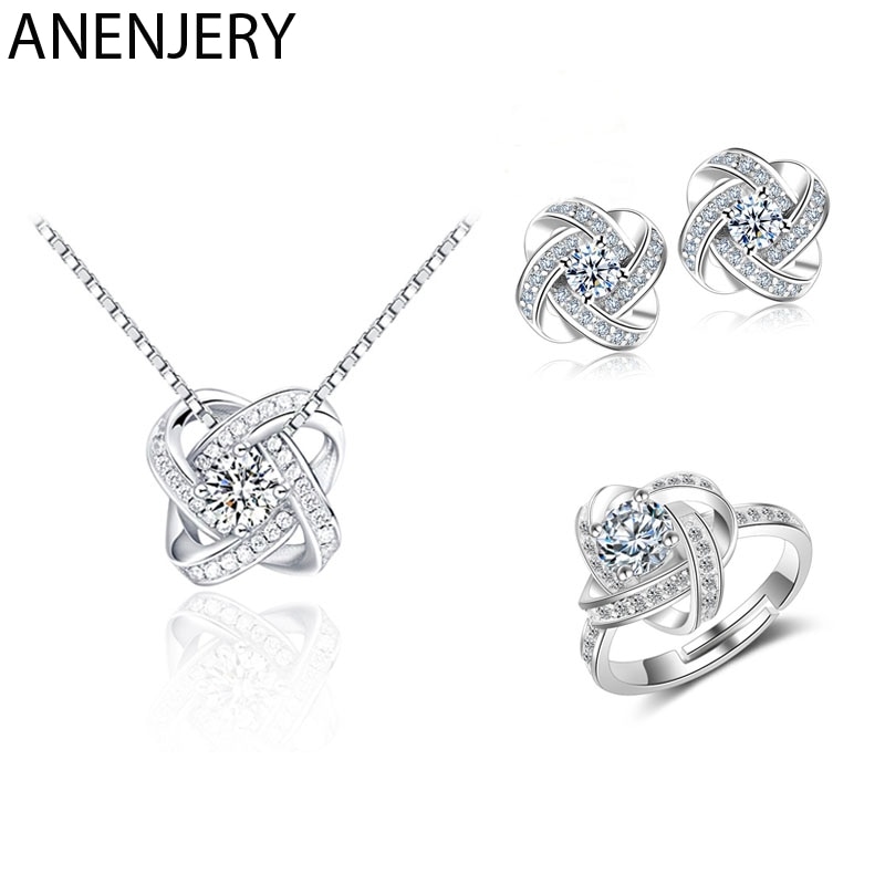 ANENJERY Glitzernde Zirkon Universum Planet Stern Schmuck einstellen 925 Sterling Silber Halskette Ohrring einstellen Für Frauen Hochzeit Schmuck