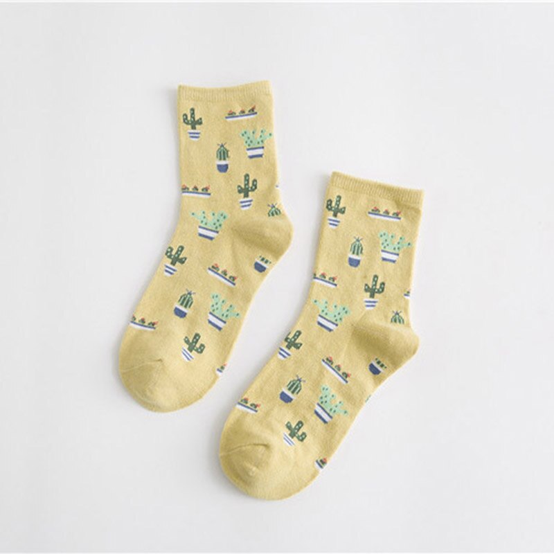 Dessin animé fruits coton chaussettes pastèque citron fraise banane avocat femmes chaussettes féminine Streetwear chaussettes été automne: Yellow Cactus