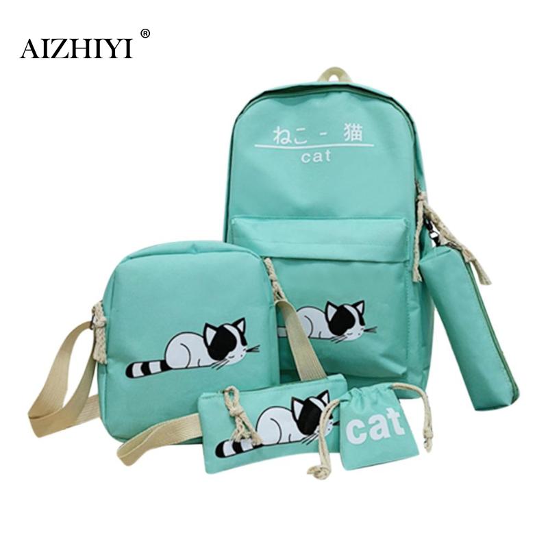 5 stks/set Vrouwen Canvas Rugzakken School Tassen voor Tienermeisjes en Jongen Afdrukken Canvas Rugzakken Dames Schoudertas: green