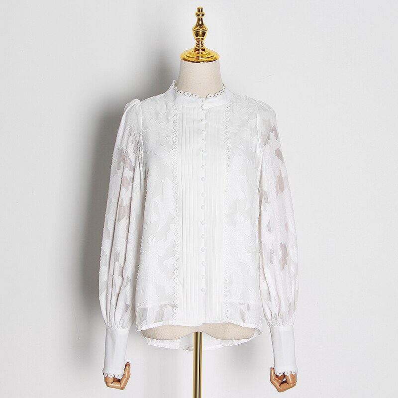 CHICEVER drucken Hemden Für Frauen Stehen Kragen Laterne Langarm Patchwork Perlen Blusen Weibliche Herbst Kleidung: Weiß / L