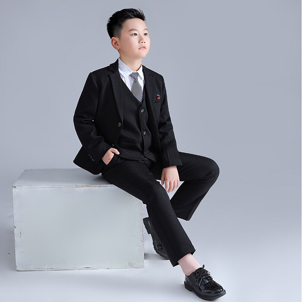 Blazer de talla grande para niños, traje negro y gris, traje Formal de boda, esmoquin para de cumpleaños, conjunto de ropa de caballero, 5 piezas