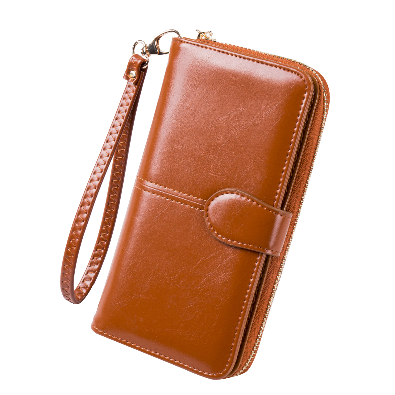 7 farver kvinders lange læder kobling solid tegnebog stor kapacitet taske kortholder lynlås: Mørk gul