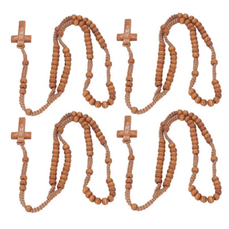 F2 5pcs Wooden Rosary Jesus Imprint Catholic Unisex Style Natural Wooden Bead Cross Rosary Necklace Jewelry For Men Women Light