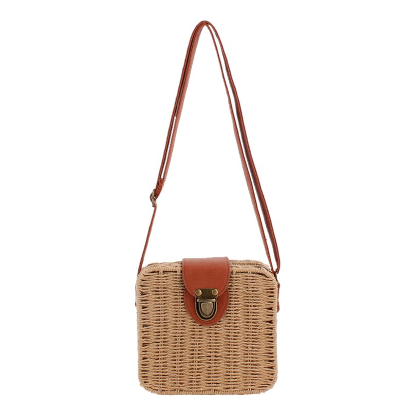 Caja informal de mimbre para mujer, bolso cruzado de mimbre de caramelo tejido para mujer, Bolso pequeño de playa para verano, bolso vintage con solapa bali: brown