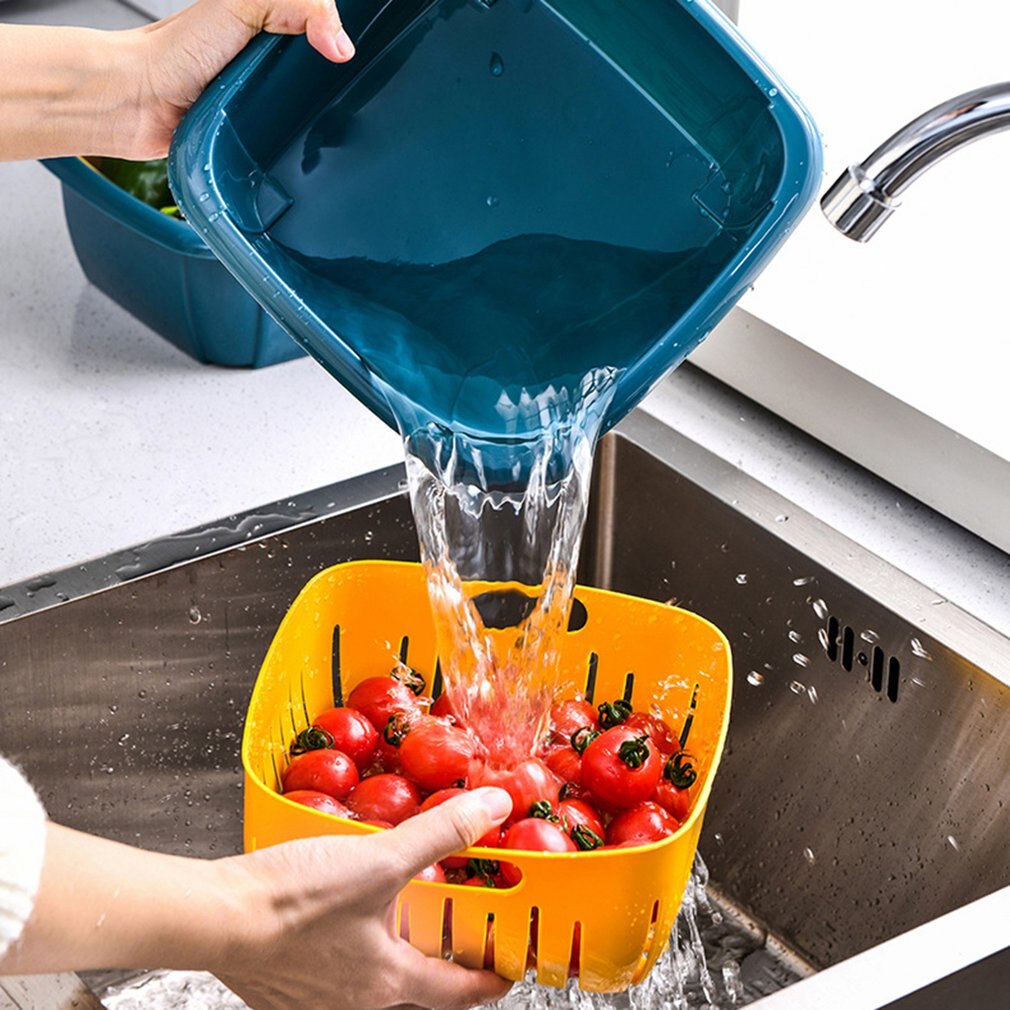 Multifunction Double-layer Drain Basket with Lid Kitchen Refrigerator Drain Storage Box Plastic Fruit Storage Basket