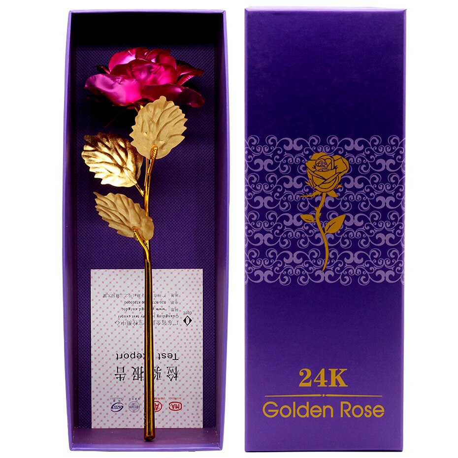 24k Gold Dipped Rose Flower Artificial Flowers Eternal Rose with Stand Forever Love In Box Birthday for Girls: mei hong  se