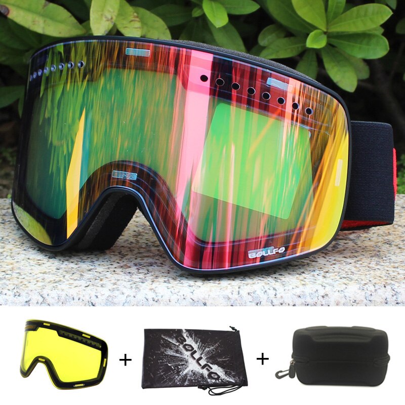 Magnetisk dobbeltlags linse skibriller masker antidugg  uv400 snowboardbriller skibriller briller for menn kvinner med etui: Svart, rød