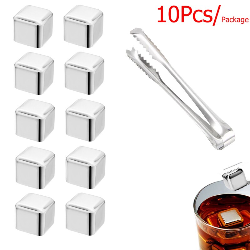 Stainless Steel Whiskey Stones Set Reusable Ice Cubes for Drinks Cocktail Shaker Whiskey Rocks Chilling Stones + Ice Tongs: 10 Pack With Tong