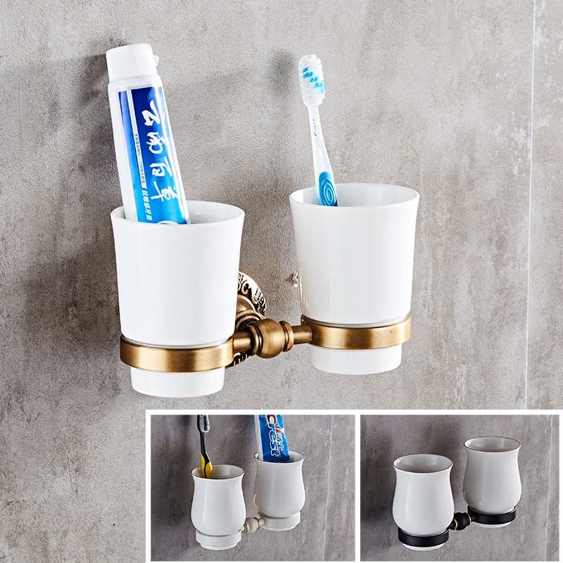 Portavasos Y Soporte Para Cepillos De Pared - Cobre Antiguo, Incluye Taza De Cerámica, Ideal Para Baño