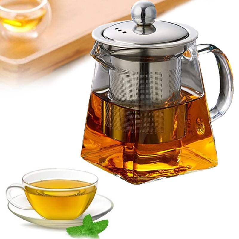 Bule de vidro resistente ao calor com infusor de aço inoxidável recipiente aquecido pote de chá boa clara chaleira quadrado filtro cestas