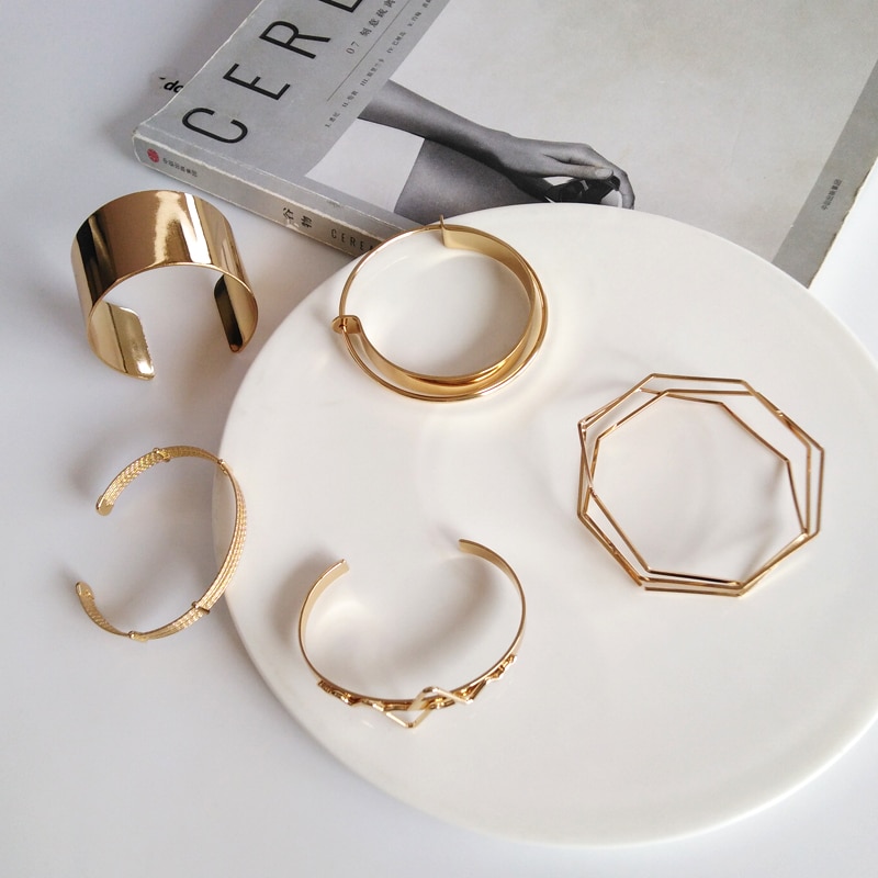 Glossy Double Layer Cross Opening Jewelry Bangle for Women Girls Party Hip Hop Punk Metal Geometric Bracelets gold