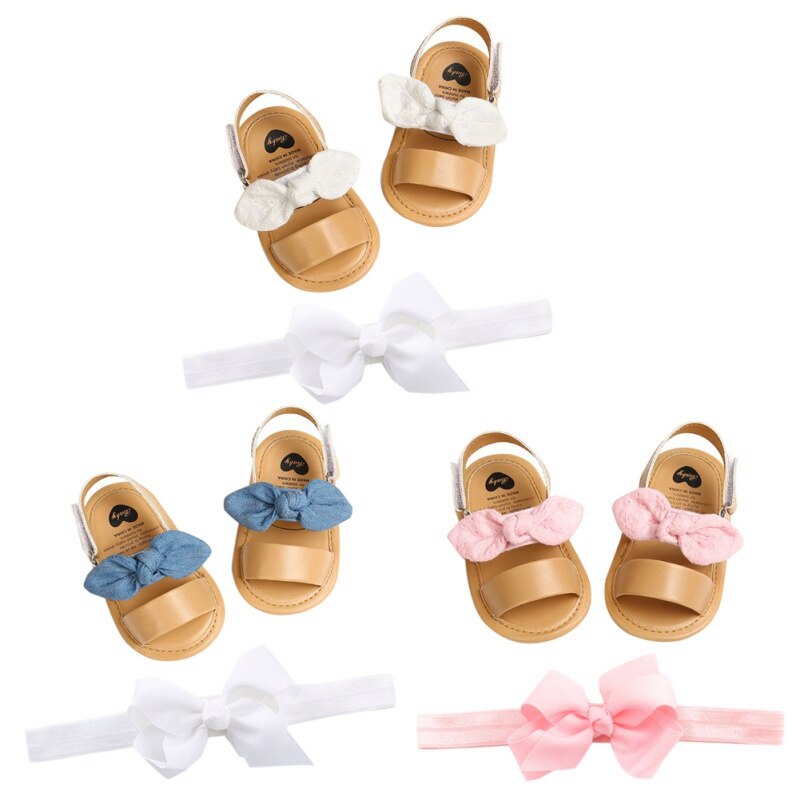 Bebê meninas bonito arco sandálias pu princesa sapatos de fundo macio sandálias da criança com branco rosa bandana conjunto de duas peças novo