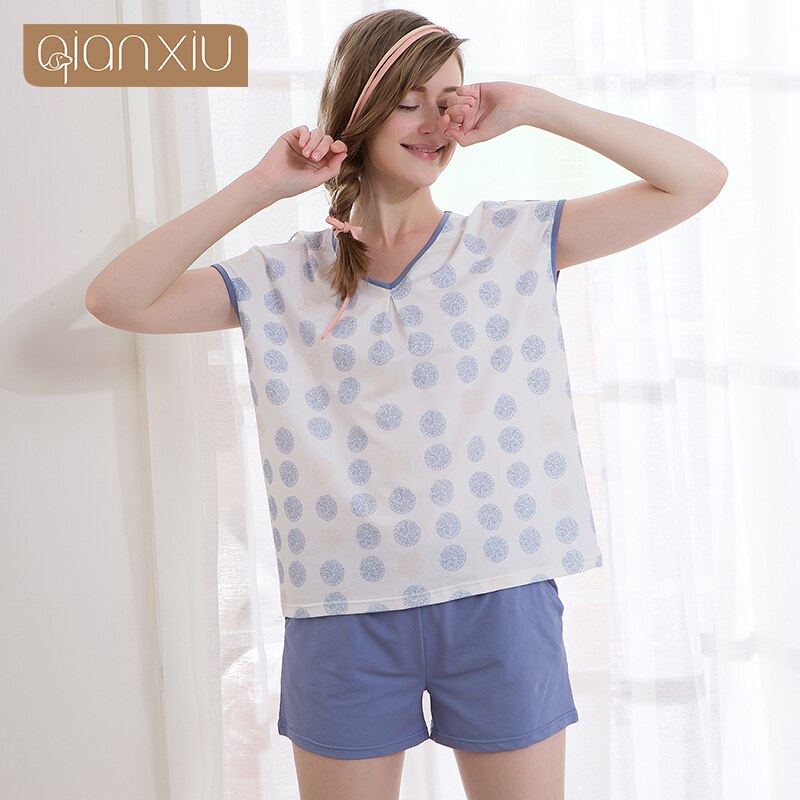 Summer Women Top pajama sets Female Casual Print short sleeve V-neck collar T shirt & Pants Ladies Cotton Sleepwear suit