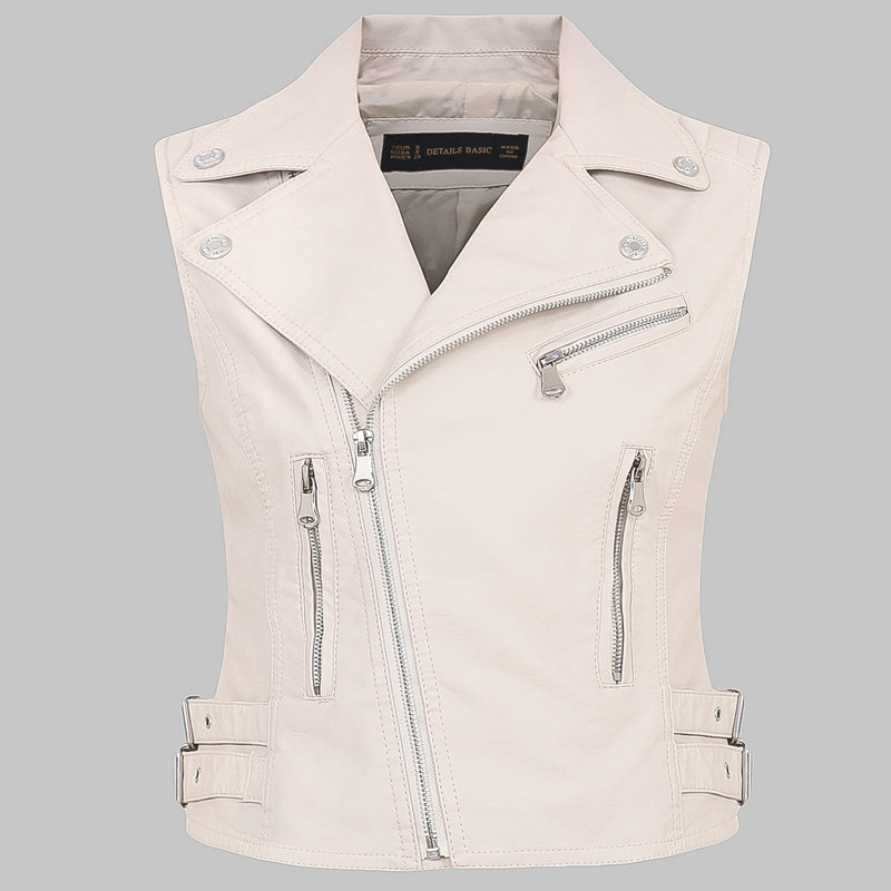 Kvinner motorsykkel pu imitert skinn ermeløse jakker dame turn-down krage belte glidelås vestlommer vest streetwear: M005 beige / S