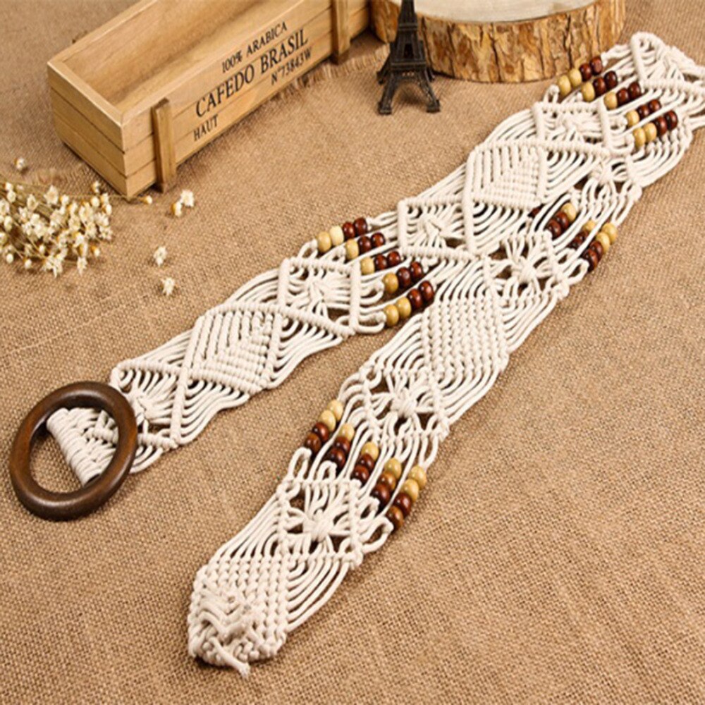 Brand Bohemian style belts for women ladies wooden bead Braided wide knitted belts for female dress