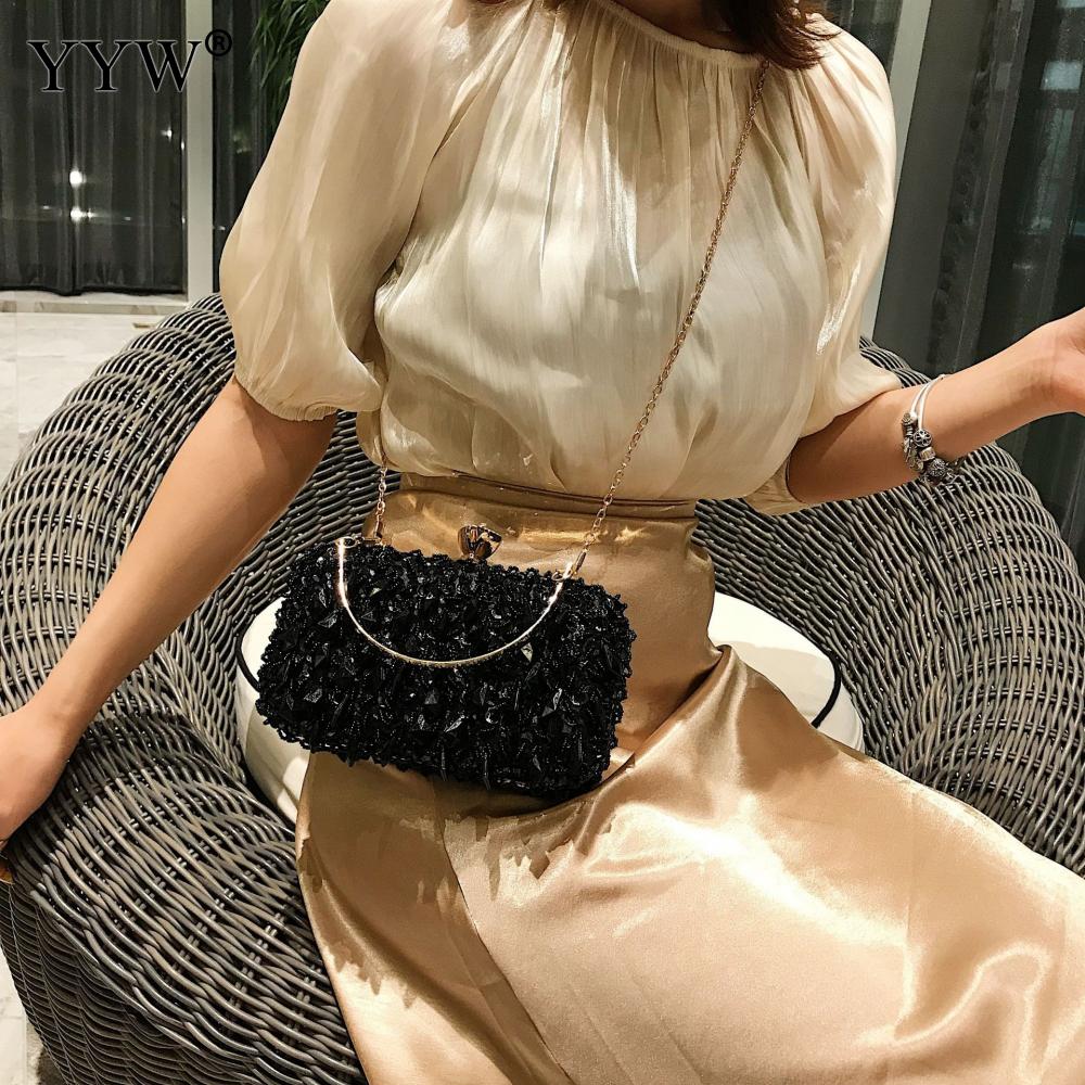 Women Evening Clutch Bag Glitter Wedding Purse Party Handbag Beaded Ladies Sequin Clutches Chain Crossbody Shoulder Bags: black